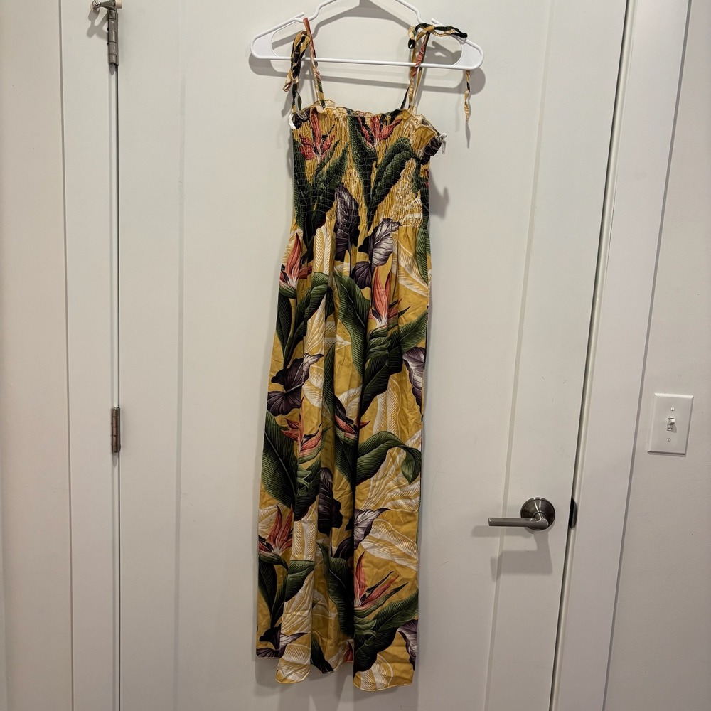 Island Aloha Wear‎ Vintage Yellow Tropical Bird of Paradise Smocked Maxi Dress
